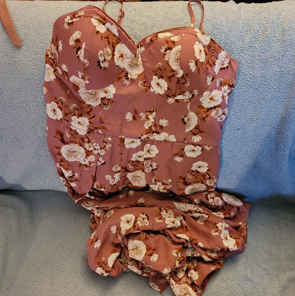 Xhilaration Leg Slit Pink And Floral Jumpsuit